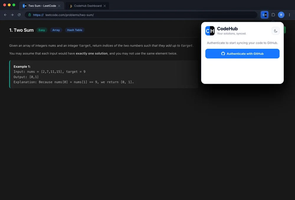 Real CodeHub extension authentication screen with GitHub device authorization