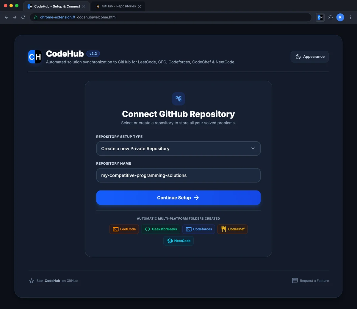 Real CodeHub welcome screen for choosing a GitHub solutions repository